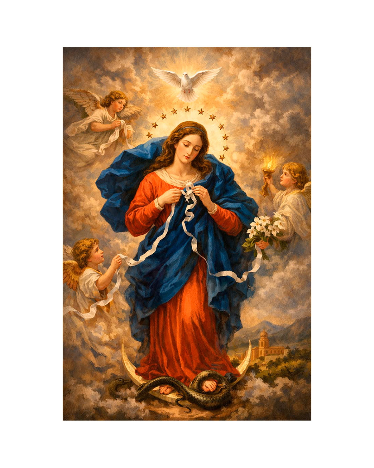 Estampas de la Virgen Desata Nudos con oración impresas a doble cara disponibles en packs de 100, 250, 500 y 1.000 unidades.