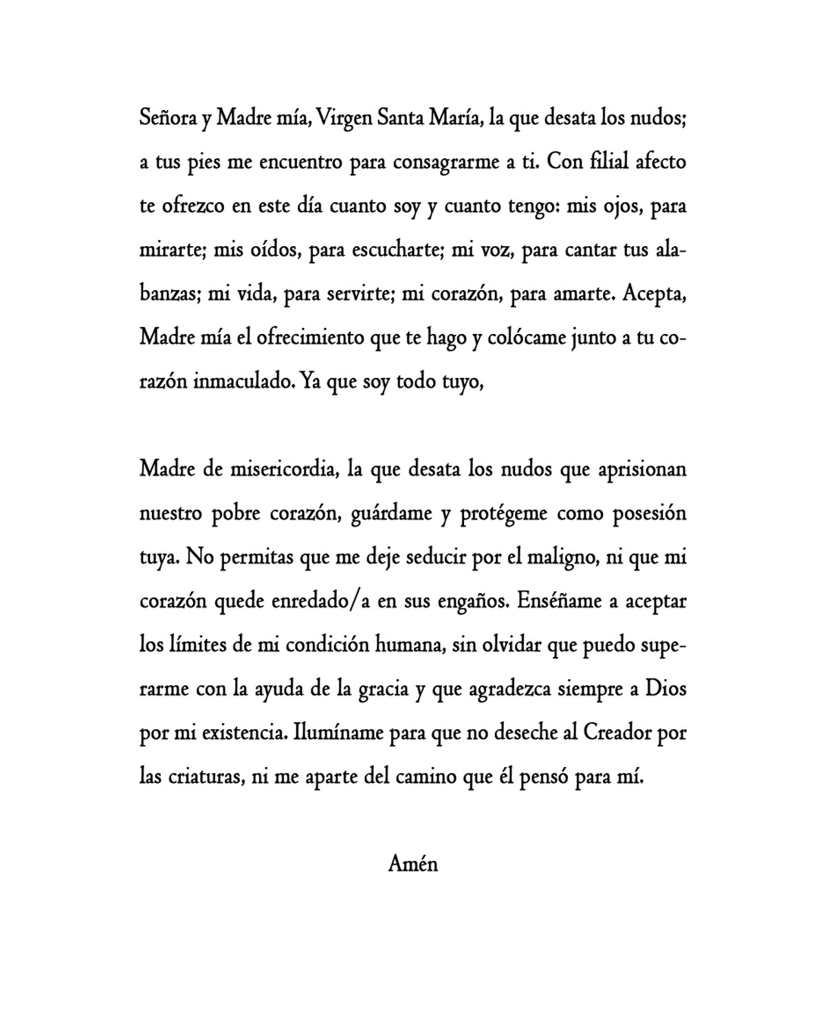 Estampas de la Virgen Desata Nudos con oración impresas a doble cara disponibles en packs de 100, 250, 500 y 1.000 unidades.