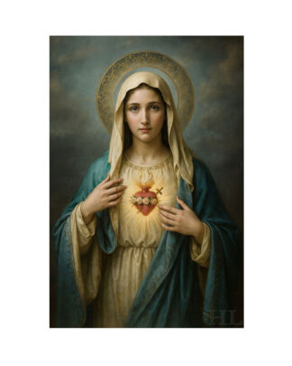 Estampas del Sagrado Corazón de María con oración impresas a doble cara disponibles en packs de 100, 250, 500 y 1.000 unidades.