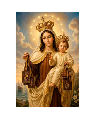 Estampas de la Virgen del Carmen con oración impresas a doble cara disponibles en packs de 100, 250, 500 y 1.000 unidades.