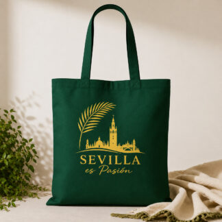 Tote bag de algodón verde Sevilla es Pasión con diseño dorado de la Giralda y la silueta de Sevilla.