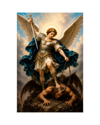 Estampa religiosa de San Miguel Arcángel con imagen del Arcángel venciendo al demonio, impresa a doble cara con oración tradicional en el reverso.