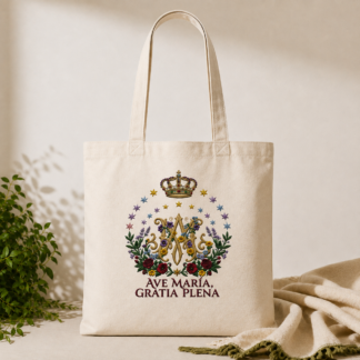 Tote bag de algodón con diseño religioso Ave María, Gratia Plena y corona floral