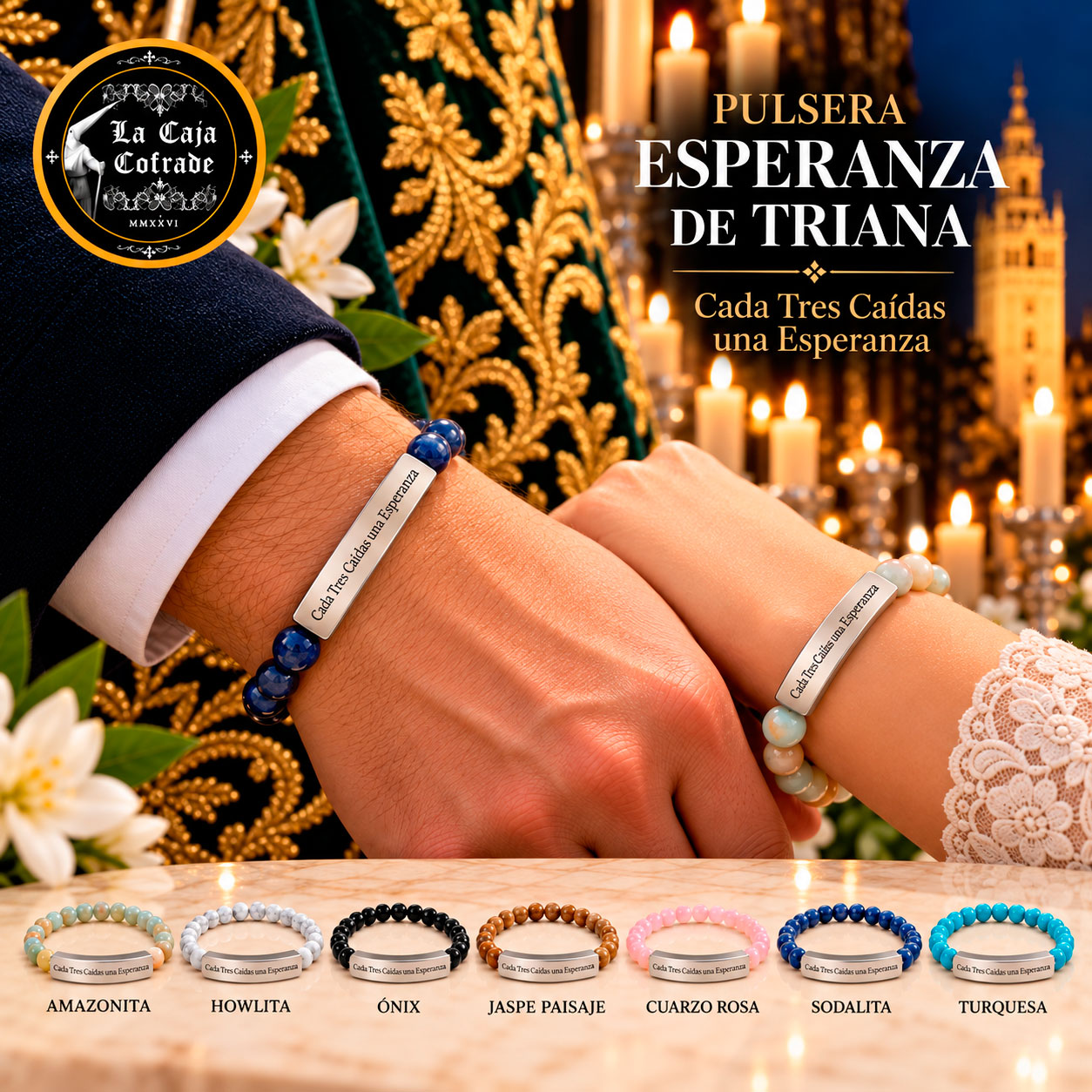 Pulsera Esperanza de Triana con piedras naturales y grabado Cada Tres Caídas una Esperanza